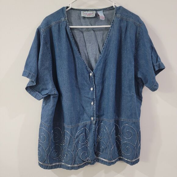 Vintage Jane Ashley Womens Button Up Top Size 2X Chambray Beaded Pearl Button - Picture 1 of 7